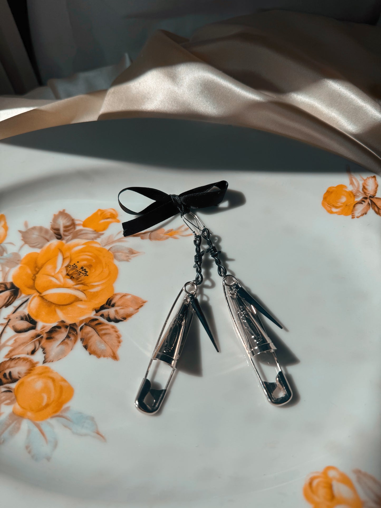 Black Barbed Wire Safety Pin Jingle Earrings with Black Acrylic Spikes