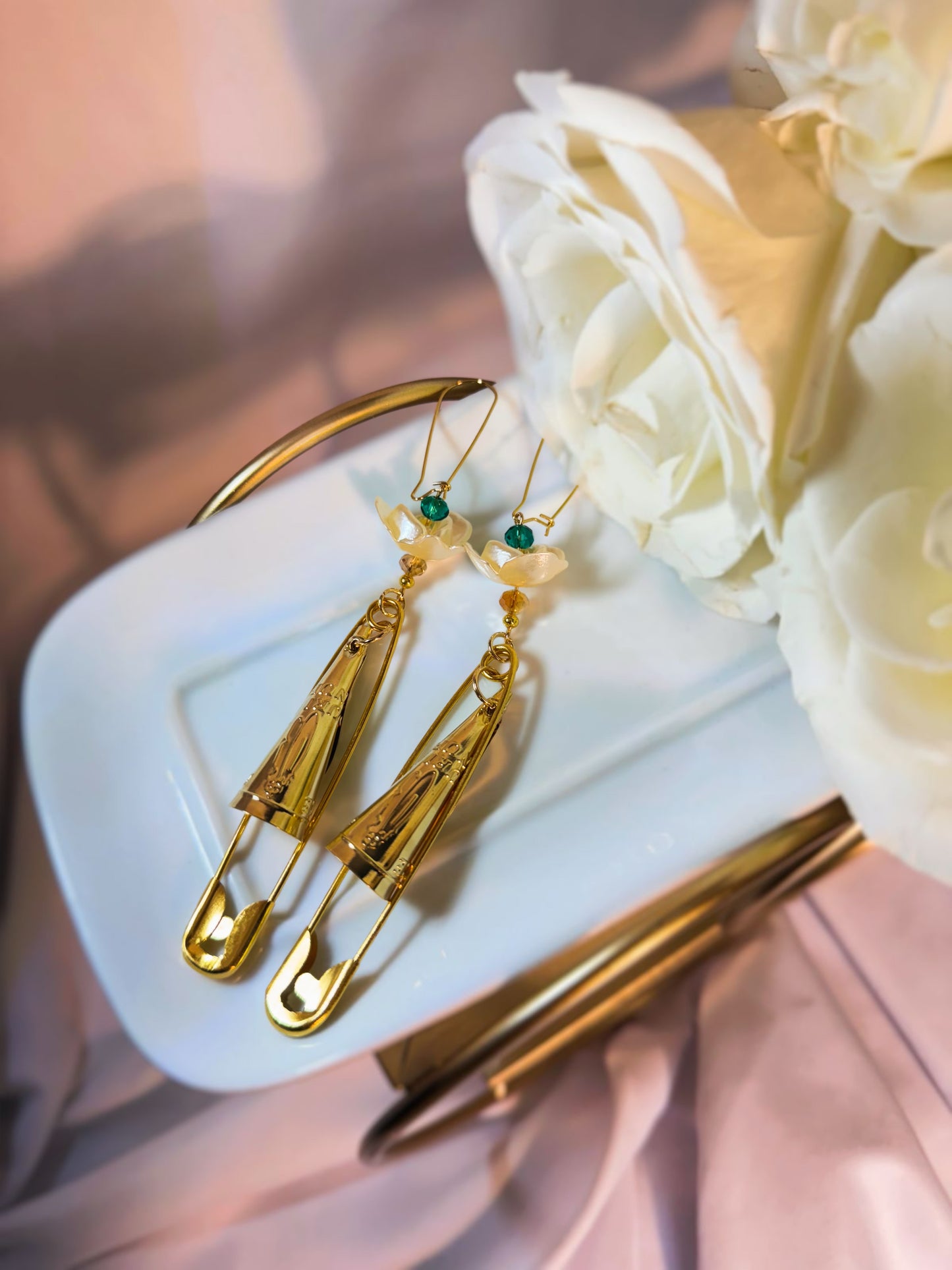 Rose Safety Pin Jingle Earrings in Gold