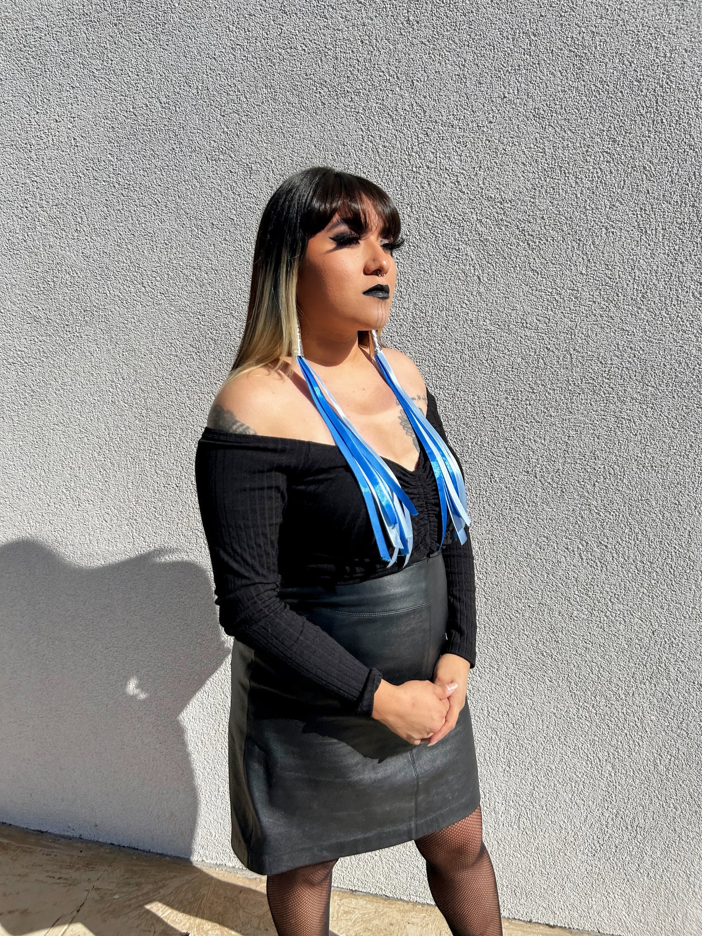 Silver Intertribal Jingle Earrings with Dark Blue and Baby Blue Ribbons