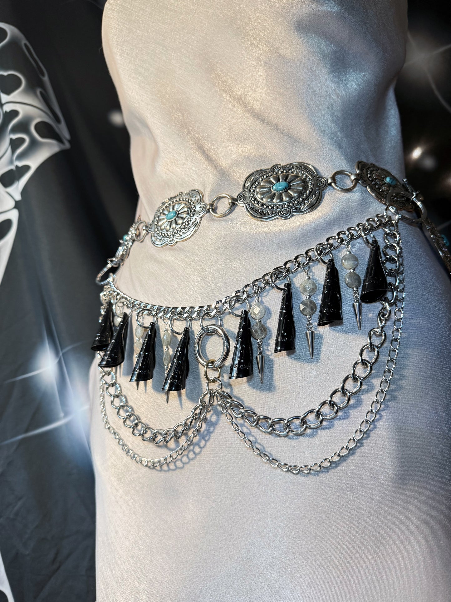 Multi-layered jingle chain embellished with faceted labradorite and sterling silver spikes • one off piece - belt is not included