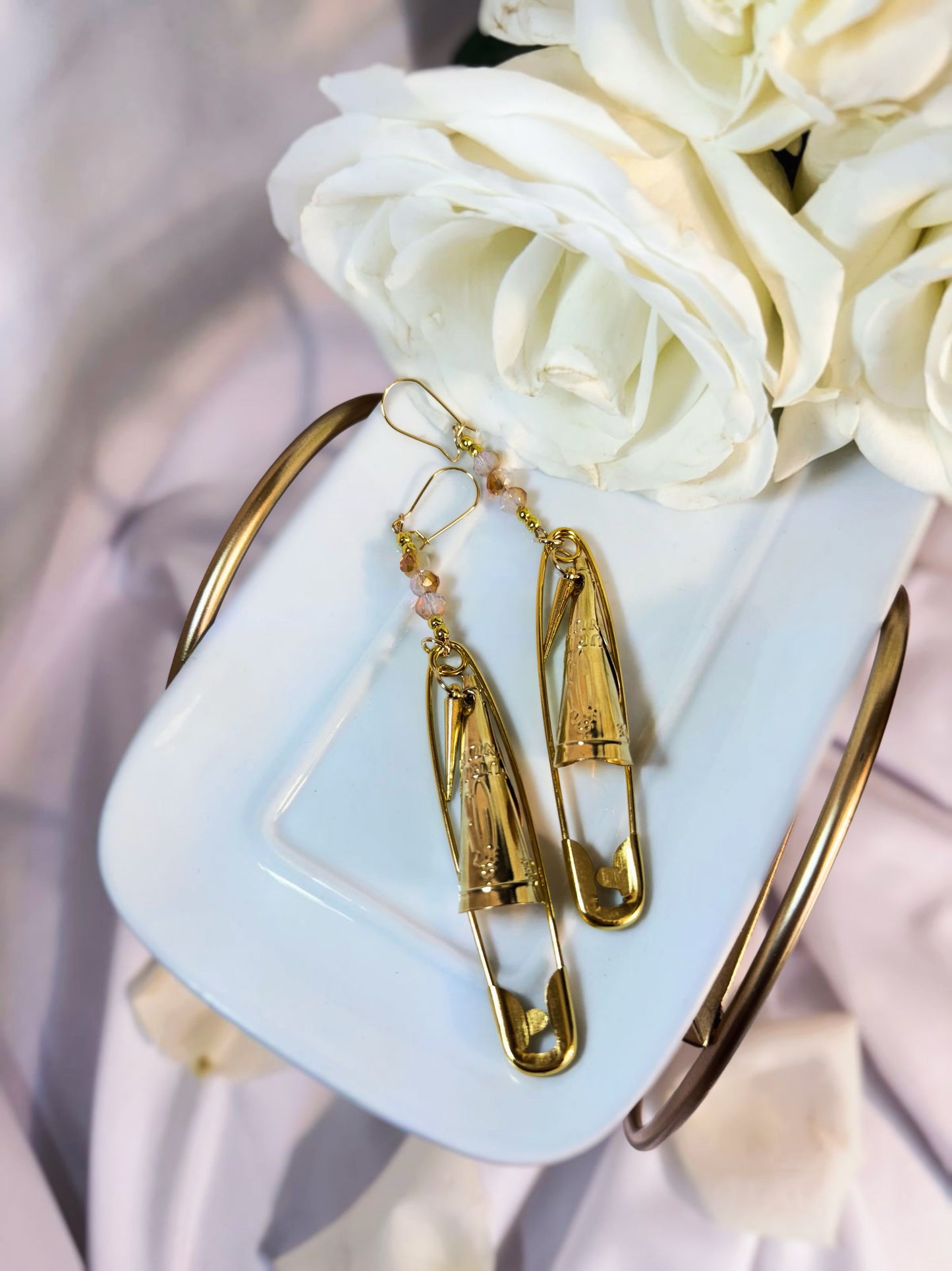 Gold Safety Pin Jingle Earrings with Spikes and Glass Crystal Beads