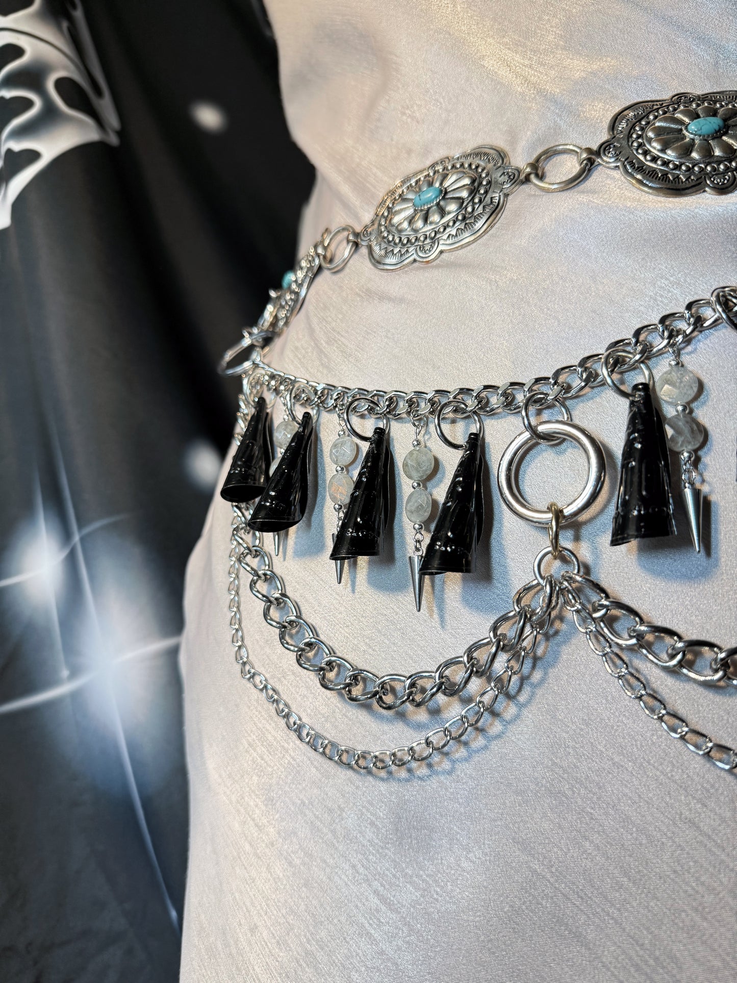 Multi-layered jingle chain embellished with faceted labradorite and sterling silver spikes • one off piece - belt is not included