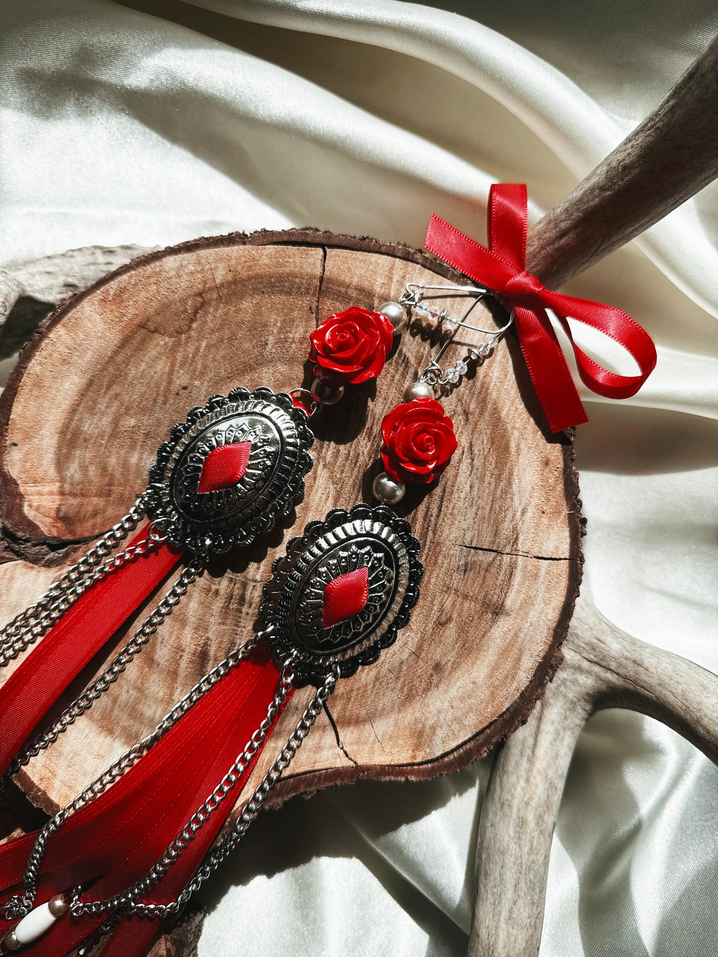 I Wish You Roses Concho Earrings with Glass and Fresh Water Pearls