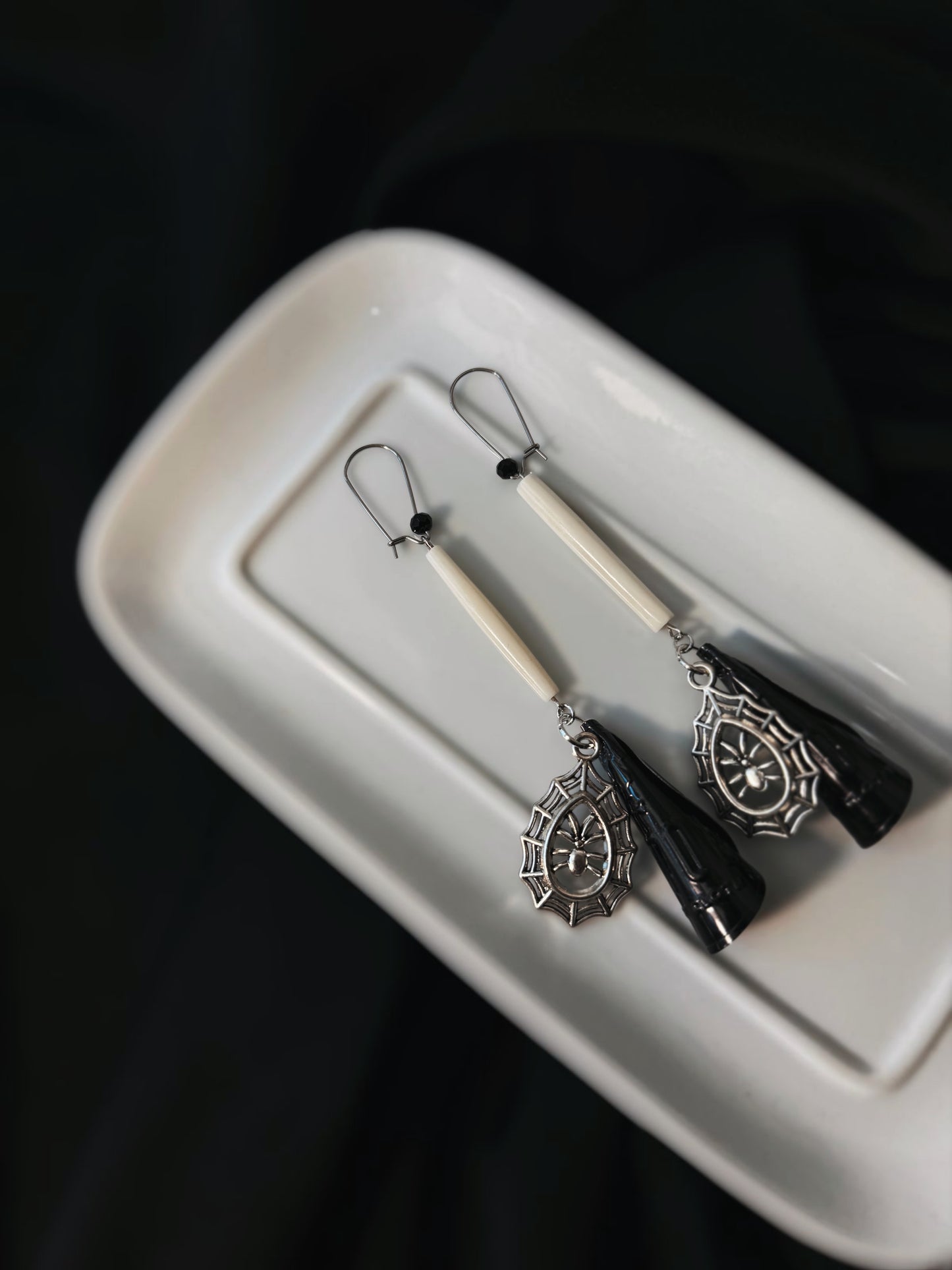 One off set • SPELLBOUND bone & spider charm earrings