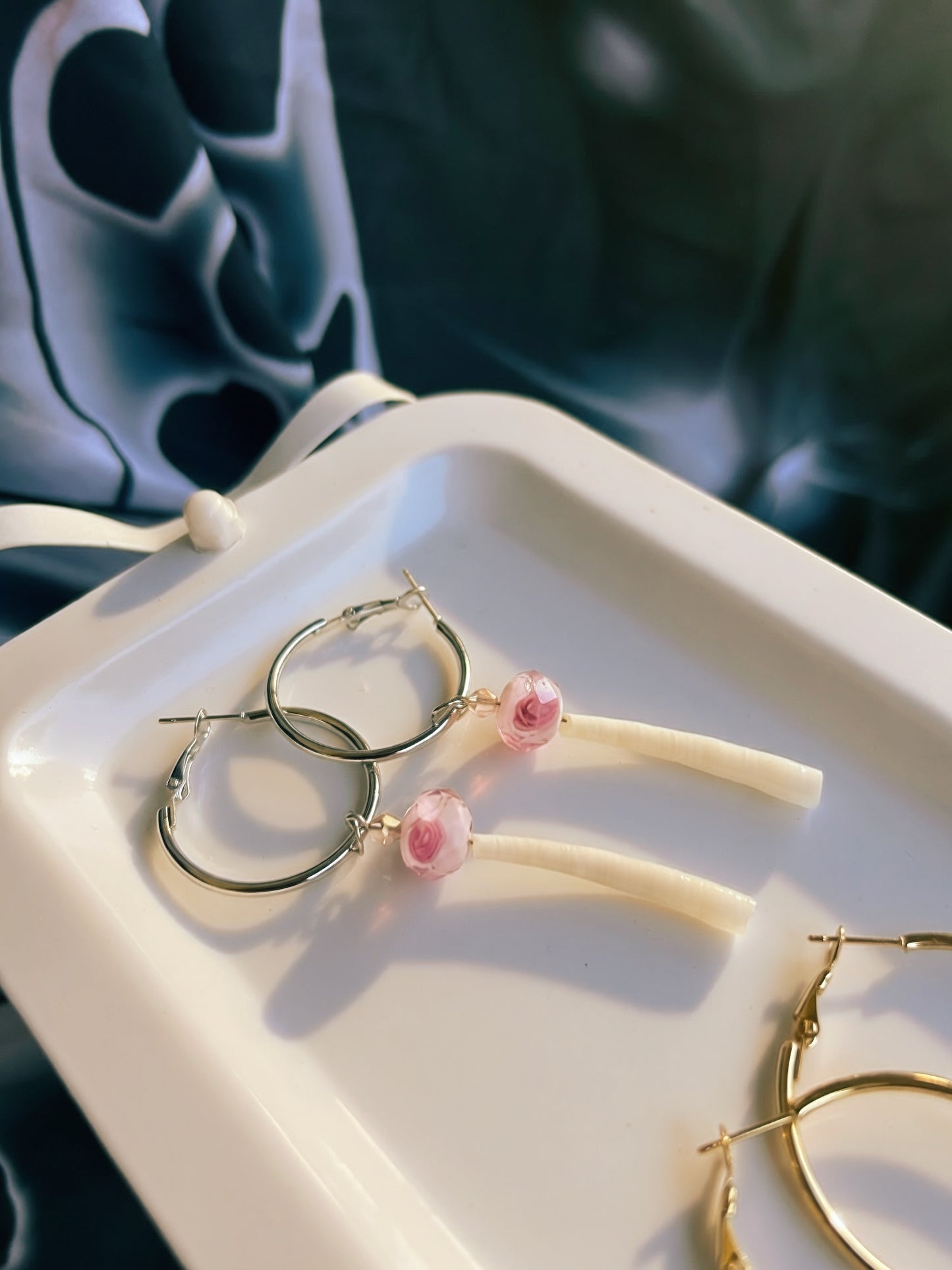 Mini Dentalium Hoops with Rose Glass Beads • SILVER SET