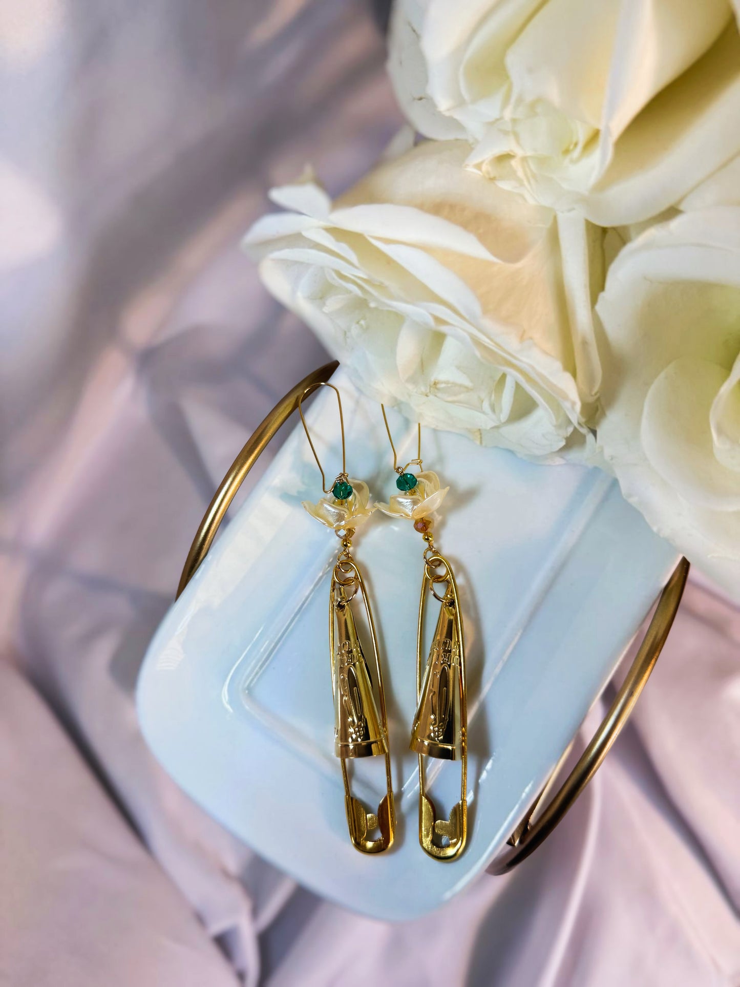 Rose Safety Pin Jingle Earrings in Gold