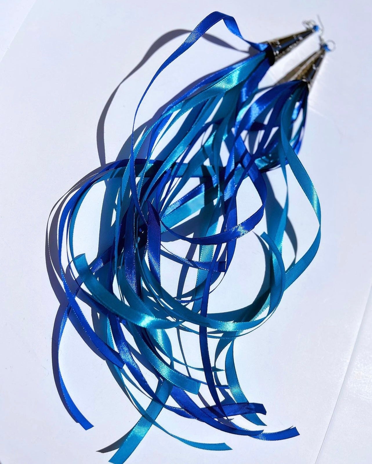 Silver Intertribal Jingle Earrings with Dark Blue and Baby Blue Ribbons