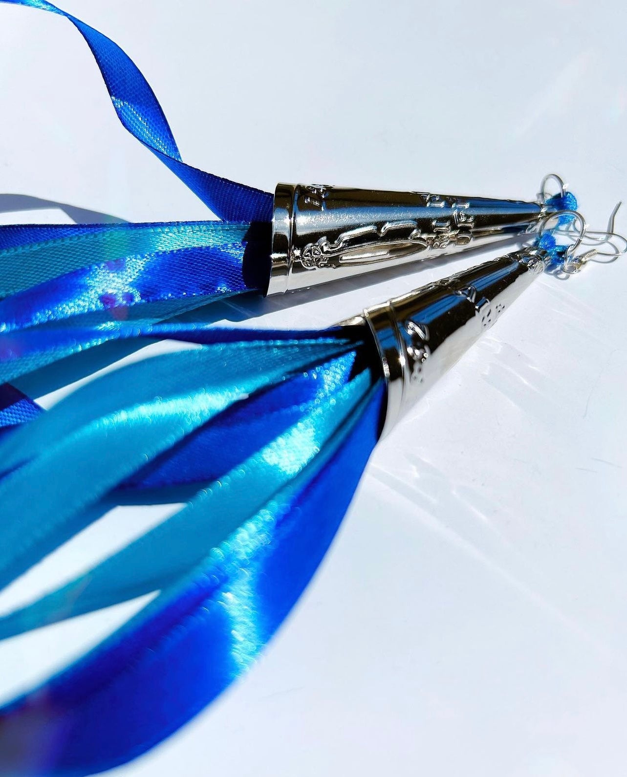 Silver Intertribal Jingle Earrings with Dark Blue and Baby Blue Ribbons