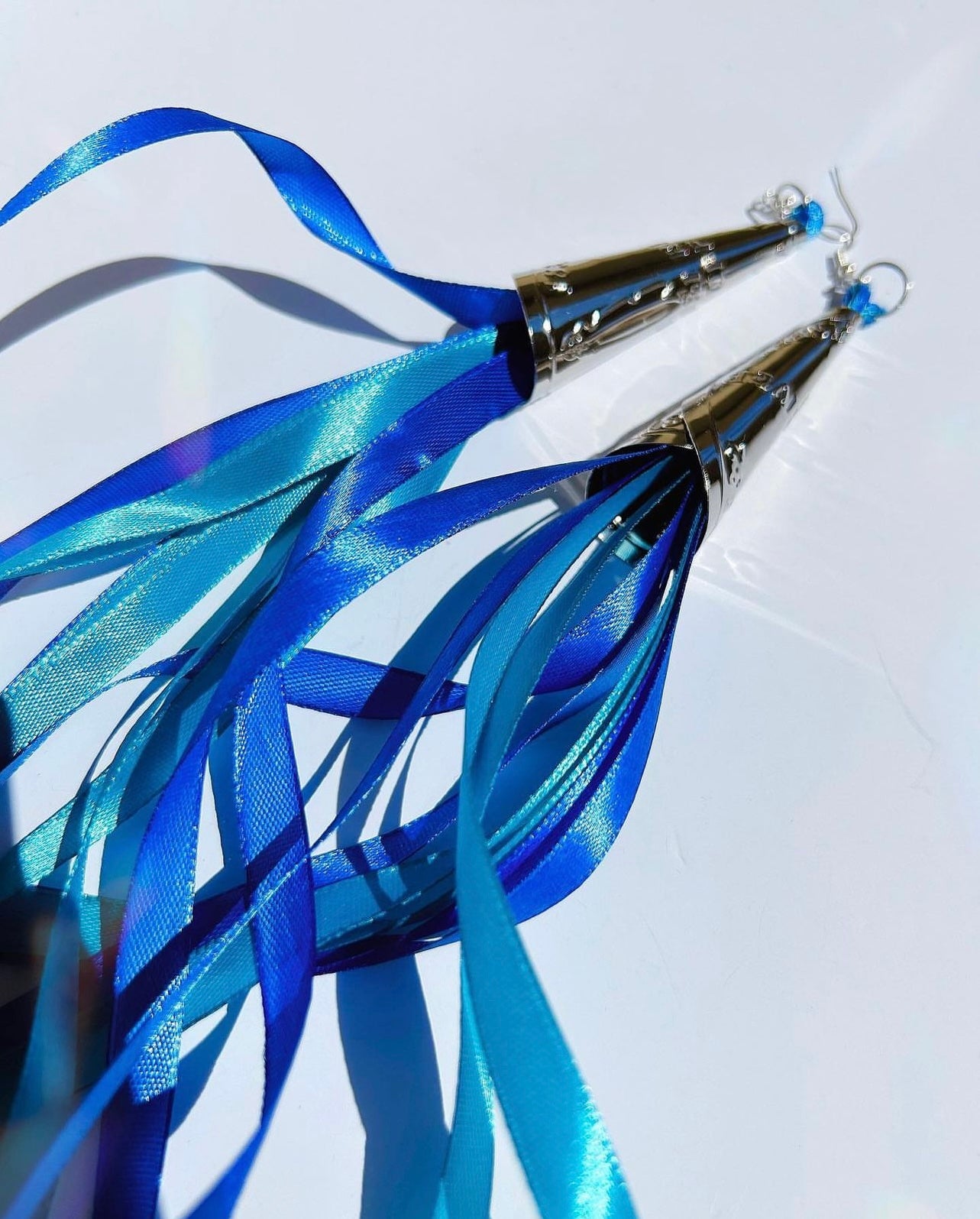 Silver Intertribal Jingle Earrings with Dark Blue and Baby Blue Ribbons