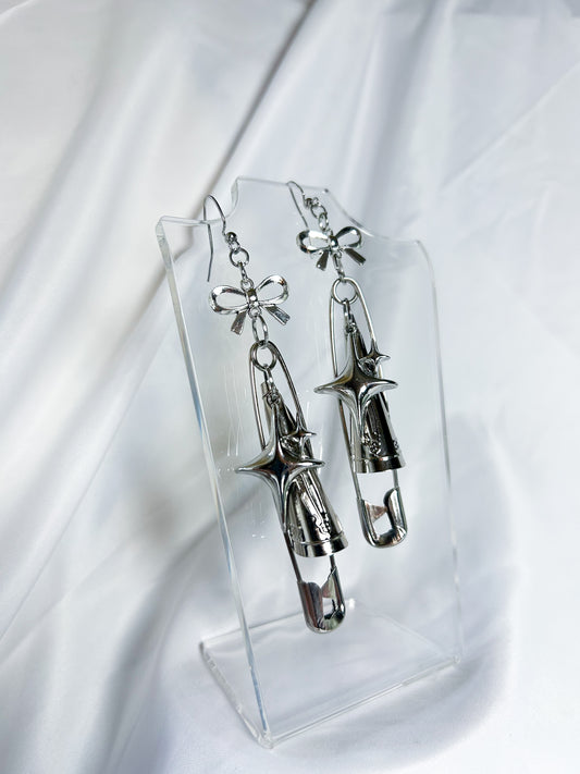 Star Charm Safety Pin Jingle Earrings with Bow Charm Connectors