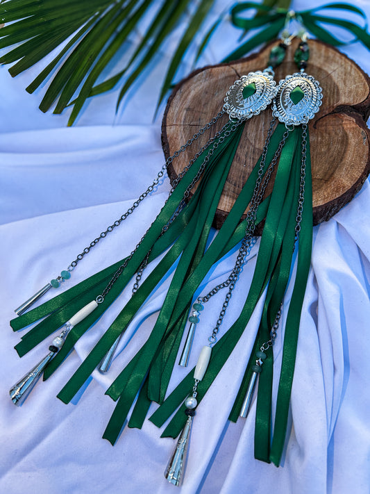 Concho Ribbon Jingle Earrings with Jade, Ruby Zoisite, and Pearls