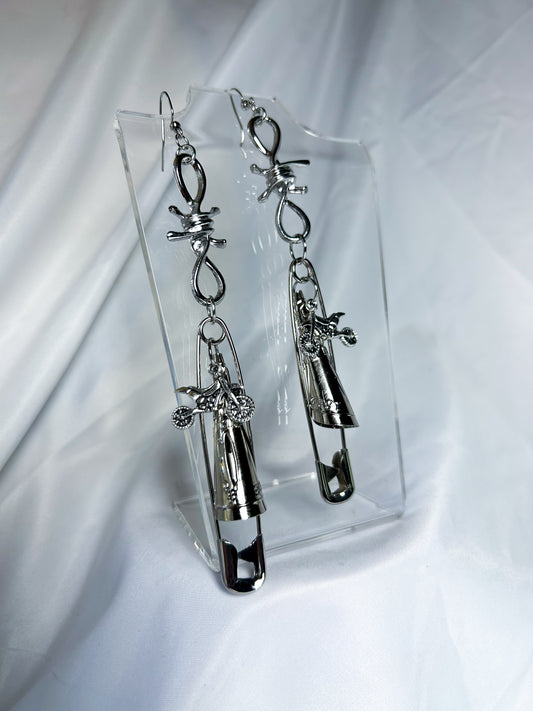 All Bad Safety Pin Jingle Earrings with Motorcycle Charms