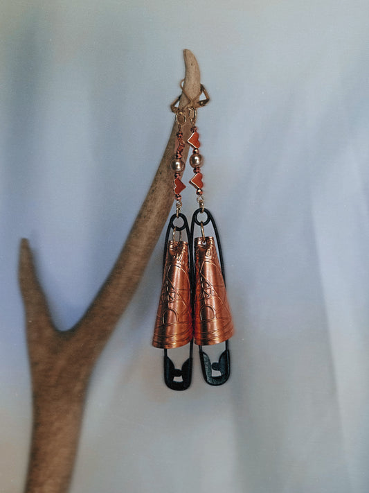 Copper Coned Black Safety Pin Jingle Earrings with Copper Accents and Glass Pearl