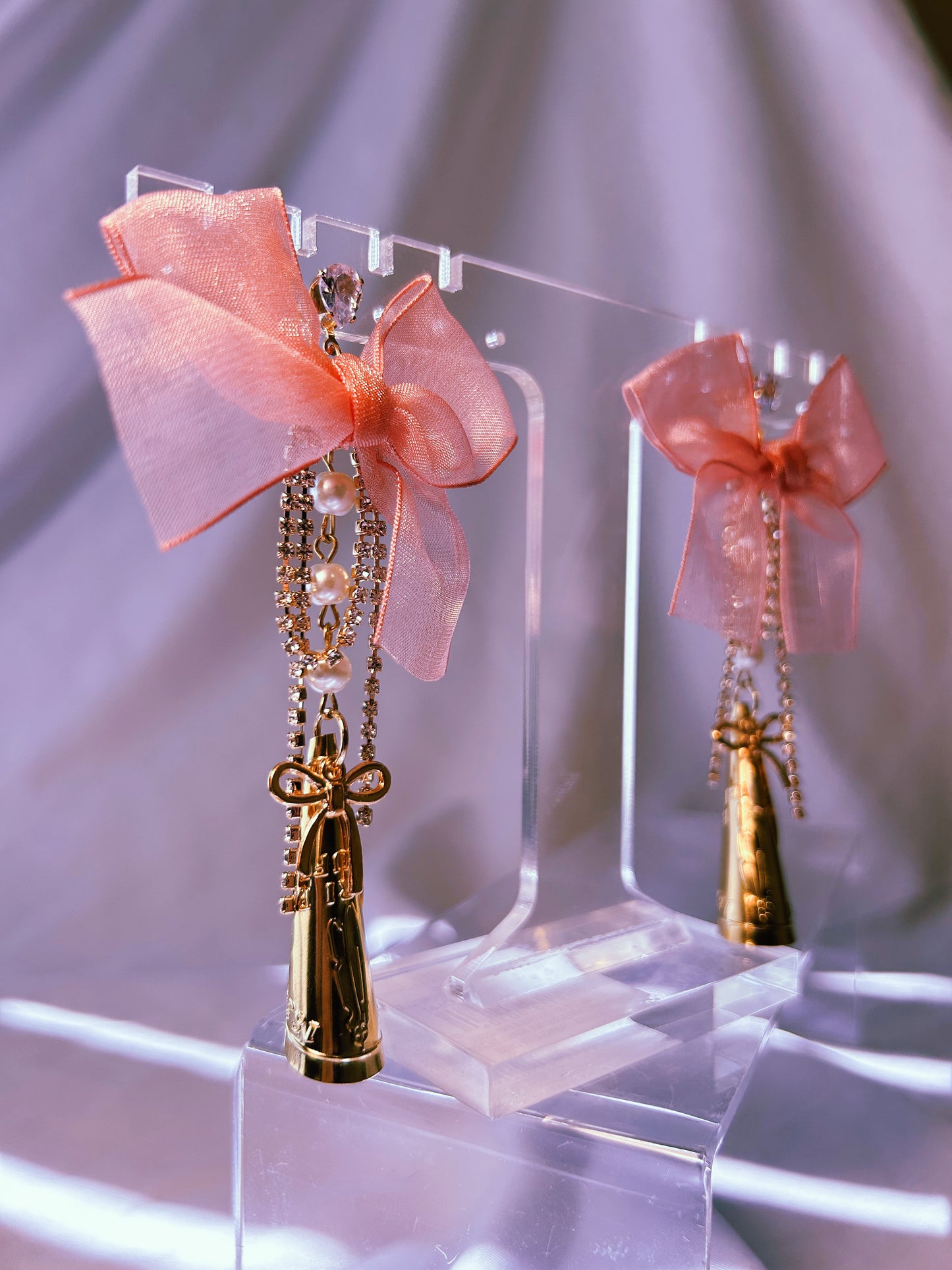 Pink Bow Drop Earrings in Gold