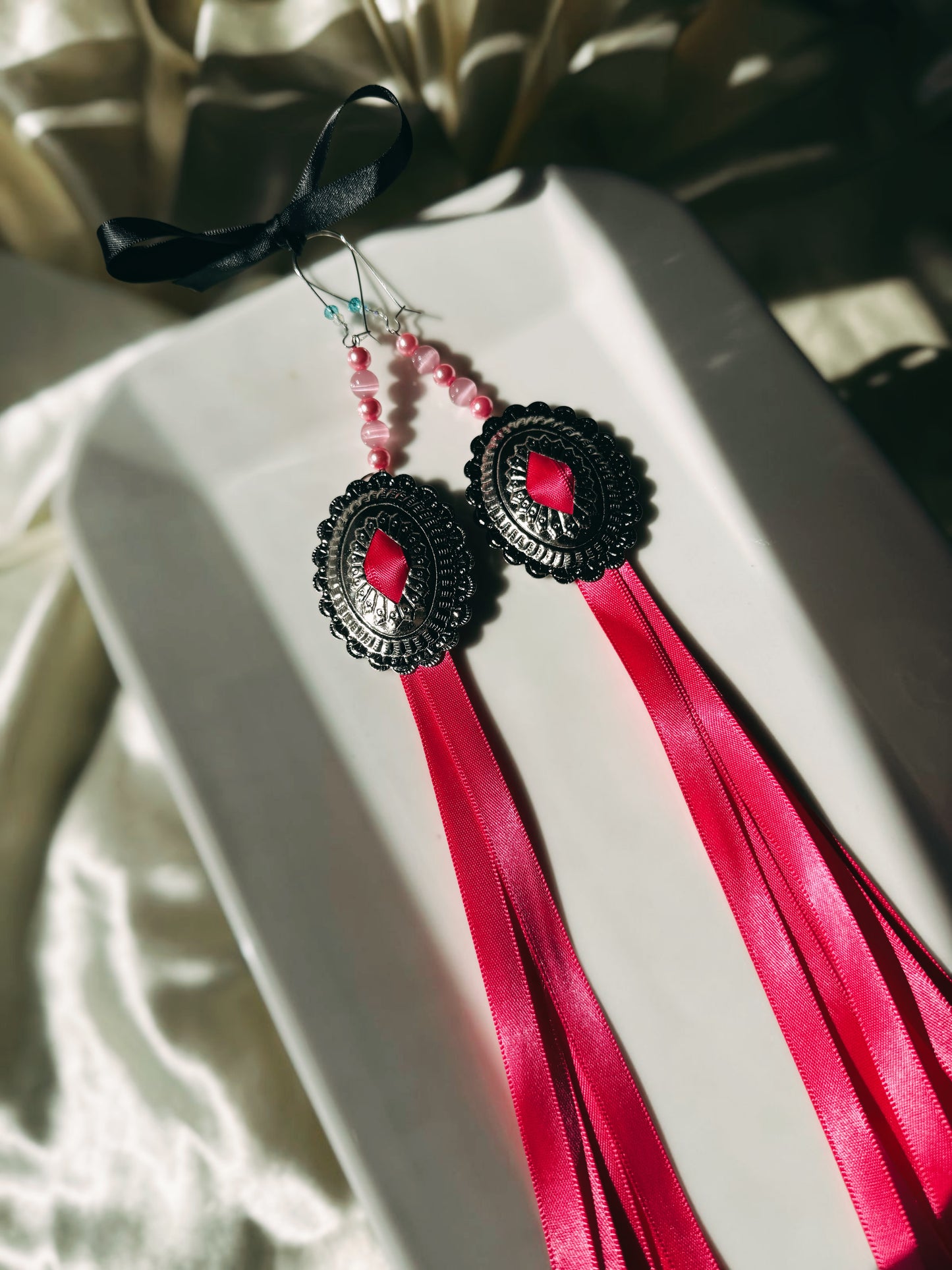 Concho Earrings with Pink Ribbon