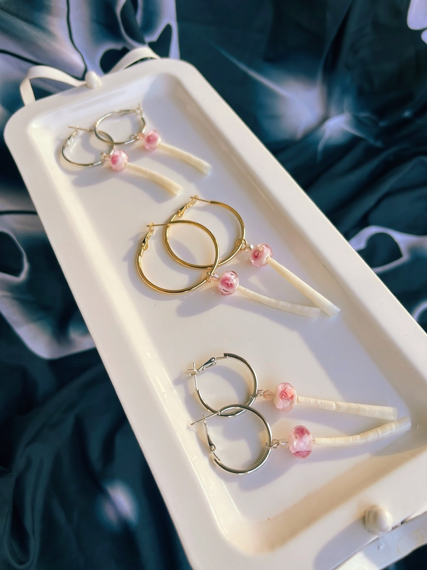 Mini Dentalium Hoops with Rose Glass Beads • SILVER SET