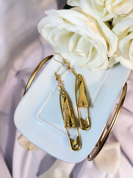 Gold Safety Pin Jingle Earrings with Spikes and Glass Crystal Beads