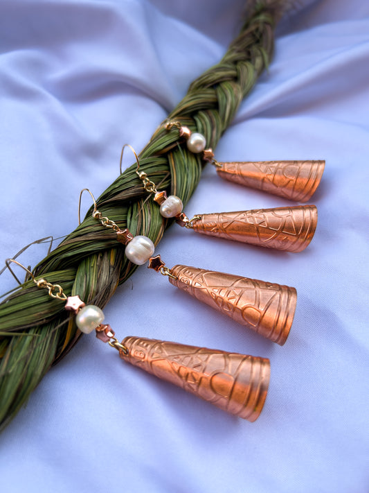 Copper Plated Jingle Earrings with Freshwater Pearls