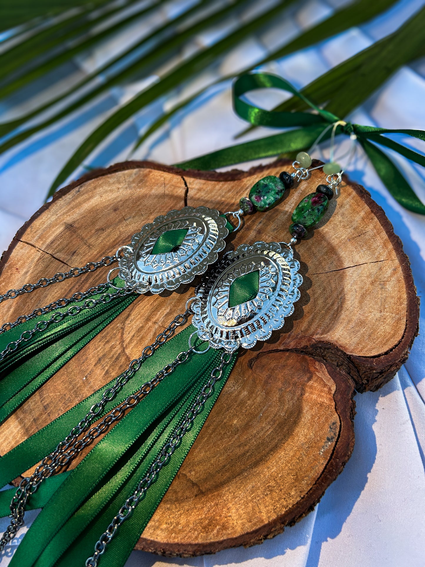 Concho Ribbon Jingle Earrings with Jade, Ruby Zoisite, and Pearls
