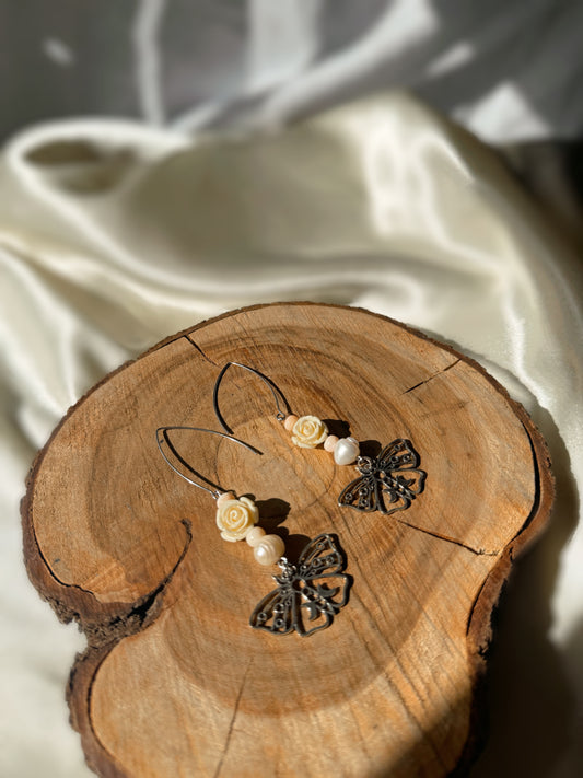 Moth Earrings with Pearl & Pink Conch Beads