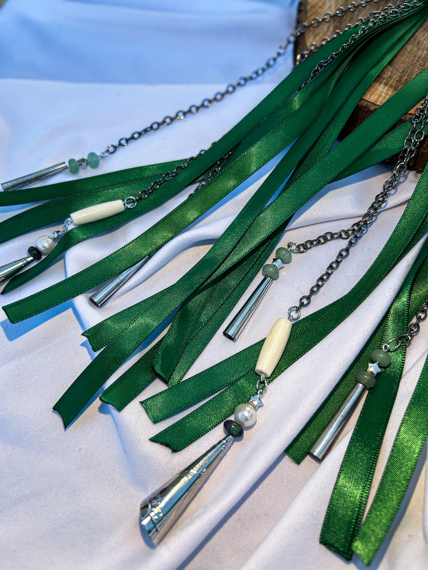 Concho Ribbon Jingle Earrings with Jade, Ruby Zoisite, and Pearls