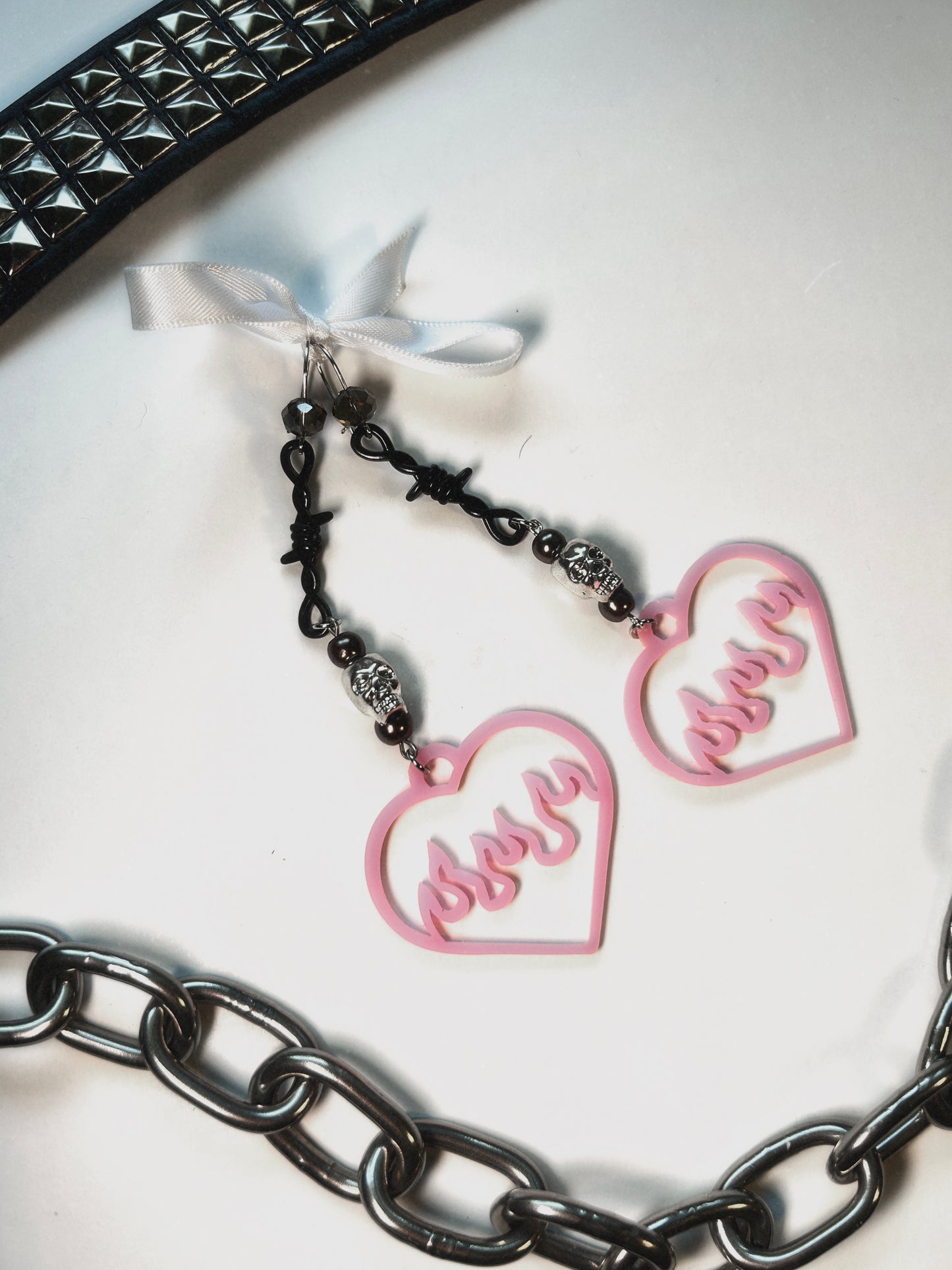 When It Wasn’t Just a Phase Acrylic Heart Earrings with Skulls and Barbed Wire