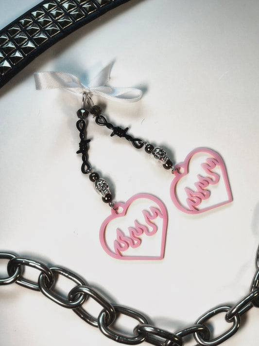 When It Wasn’t Just a Phase Acrylic Heart Earrings with Skulls and Barbed Wire
