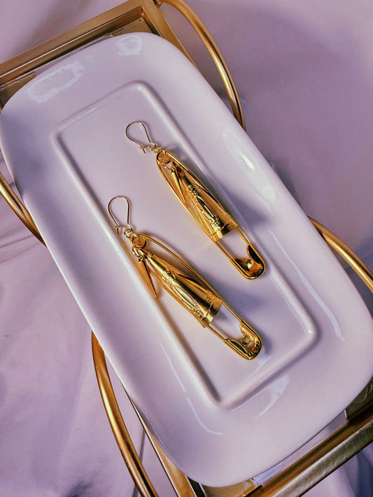 Moth To The Flvme 3 inch Safety Pin Jingle Earrings in Gold