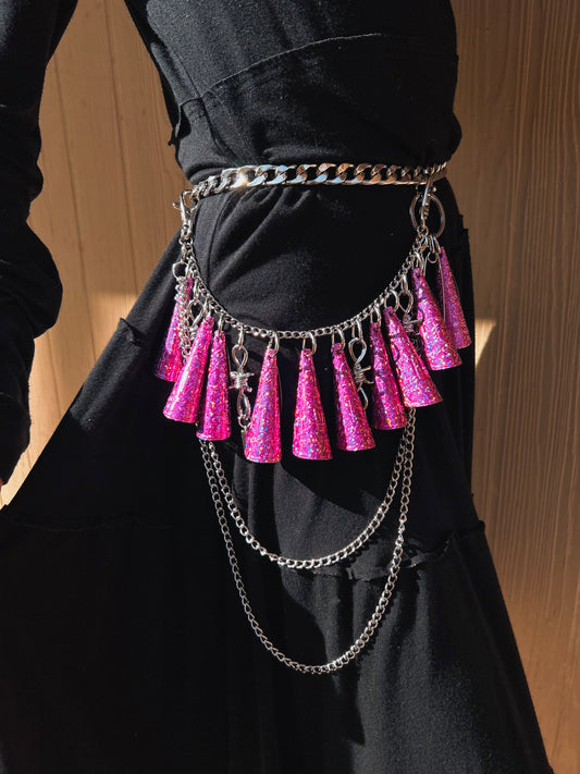 33 cm Pink Glitter Layered Chain With Barbed Wire Charms and Spikes